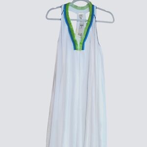 Magaschoni Women's Maxi Dress White Organic Cotton Gauze w/ Lime Fringe Size S